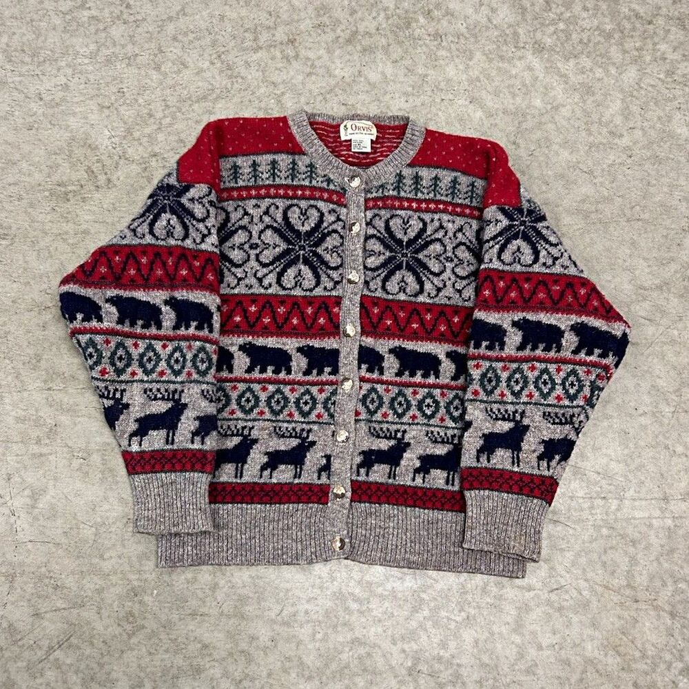 Orvis women’s XL Wool Knit Fair Isle Button-Front Cardigan Crew Neck Gray